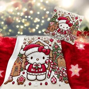 Hello Kitty Gingerbread Christmas Fleece Throw Blanket & Set of 2 Pillow Covers